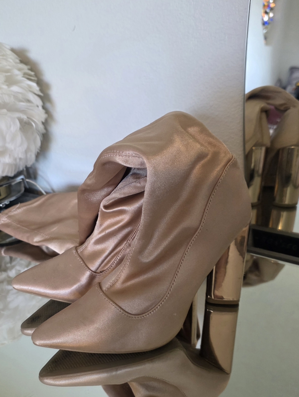 Charlotte Russe Rose Gold Satin Pointed Toe Block Heel Boots